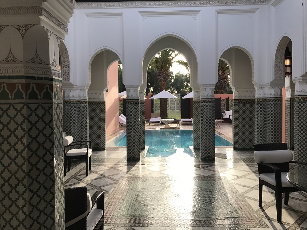 The courtyard and pool of the private villa at La Mamounia in Morocco. Pictures of the trip were presented as evidence in the ongoing trial in New York State Supreme Court.