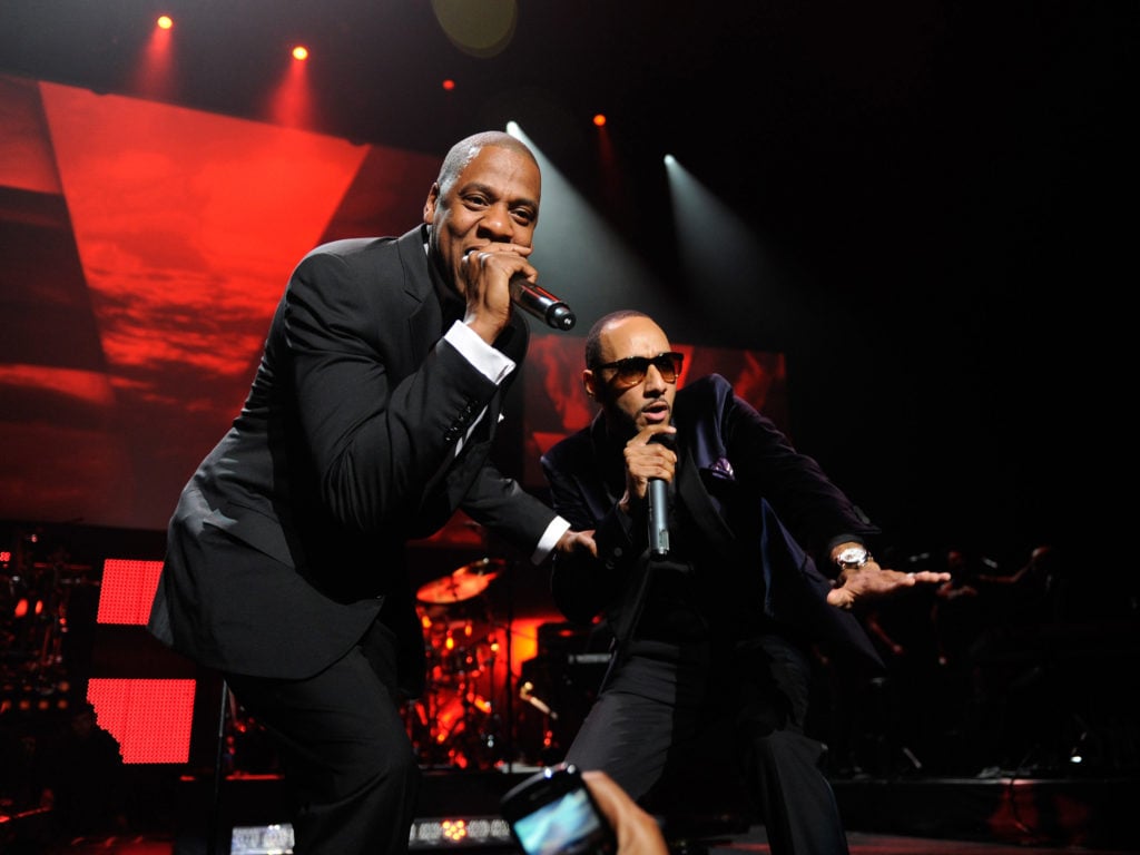 Jay-Z and Swizz Beatz performing together in New York City. Photo by 