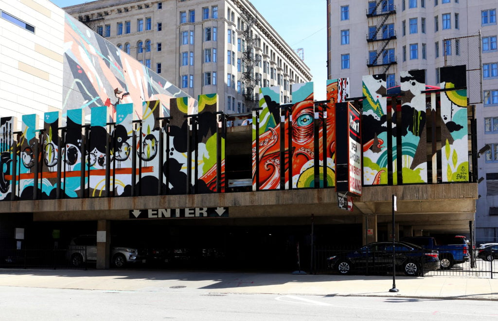CHICAGO - April 13: Lady Lucx and Sarah Stewart's 'Untitled' mural, part of the Wabash Arts Corridor is displayed downtown in Chicago, 2019. Photo: Raymond Boyd/Getty Images.