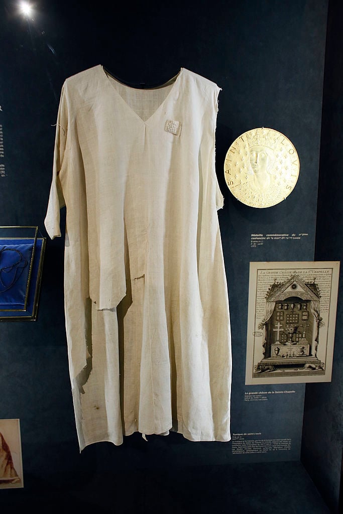 A view of the tunic allegedly worn by Saint Louis on display inside the Notre-Dame de Paris cathedral in Paris on November 29, 2012. Photo by Patrick Kovarik/AFP/Getty Images.