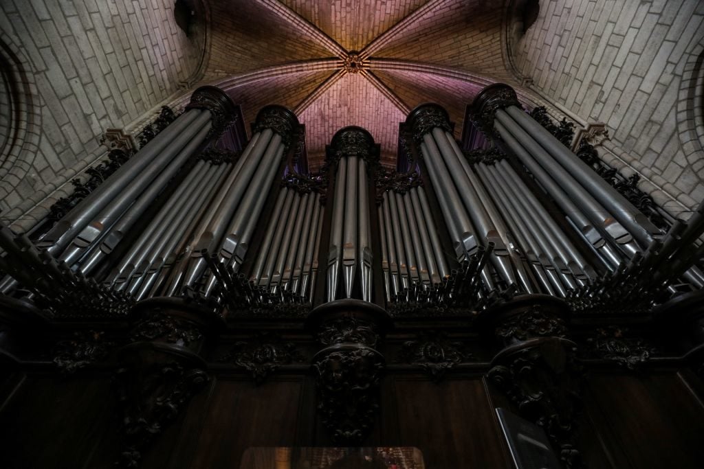 The organ at Notre Dame de Paris Cathedral in Paris in 2018. Photo by Ludovic Marin/AFP/Getty Images.