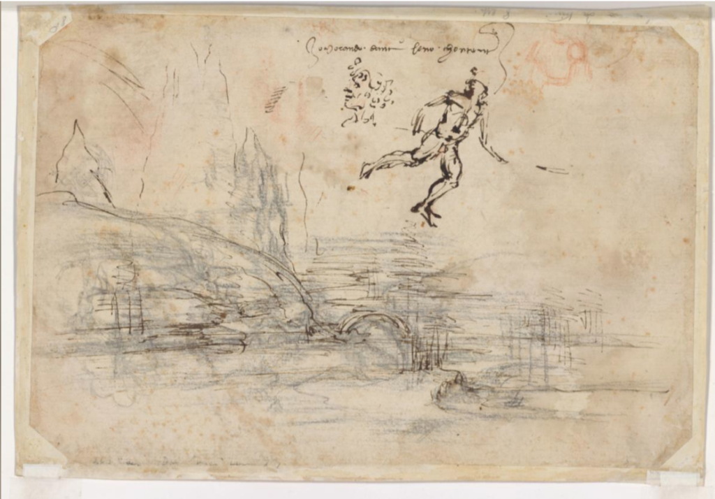 An infrared view of the backside of Leonardo da Vinci's <em>Landscape Drawing for Santa Maria Della Nave</em>, also known as <em>Il Paesaggio</em> or <em>Landscape 8P</em> (1473) reveals another landscape drawing and handwriting by Leonardo that slants to the left and right, indicating the artist was ambidextrous. Photo courtesy of the Uffizi.