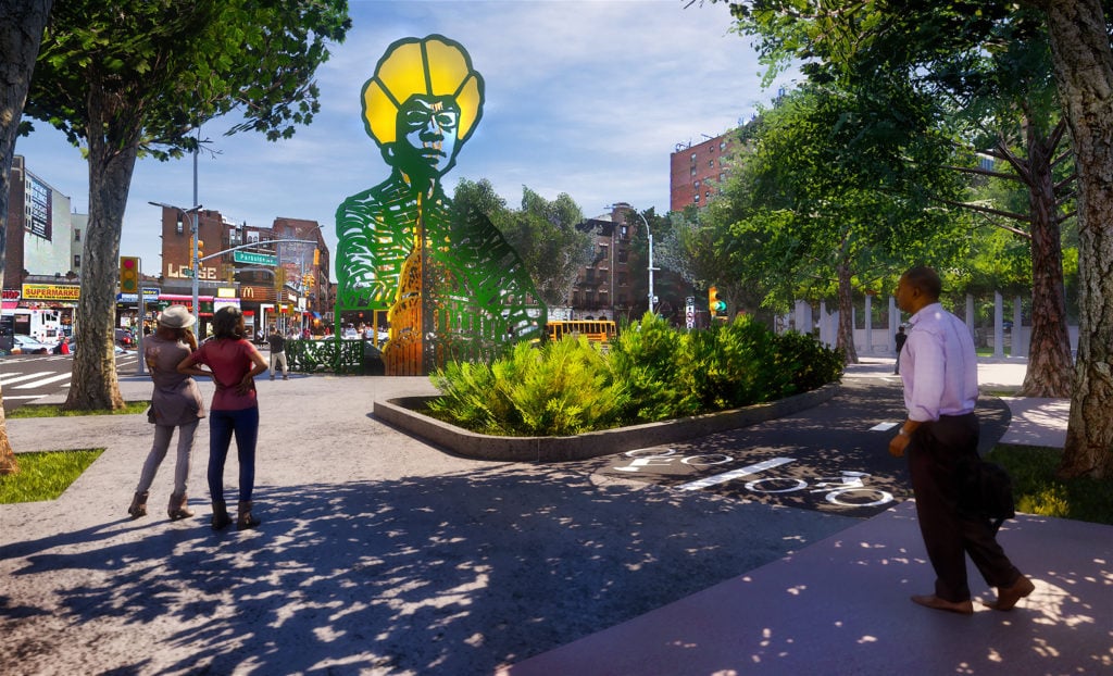 Amanda Williams & Olalekan Jeyifous, Our Destiny, Our Democracy, the winning design for the Shirley Chisholm monument in Prospect Park. Rendering courtesy of She Built NYC