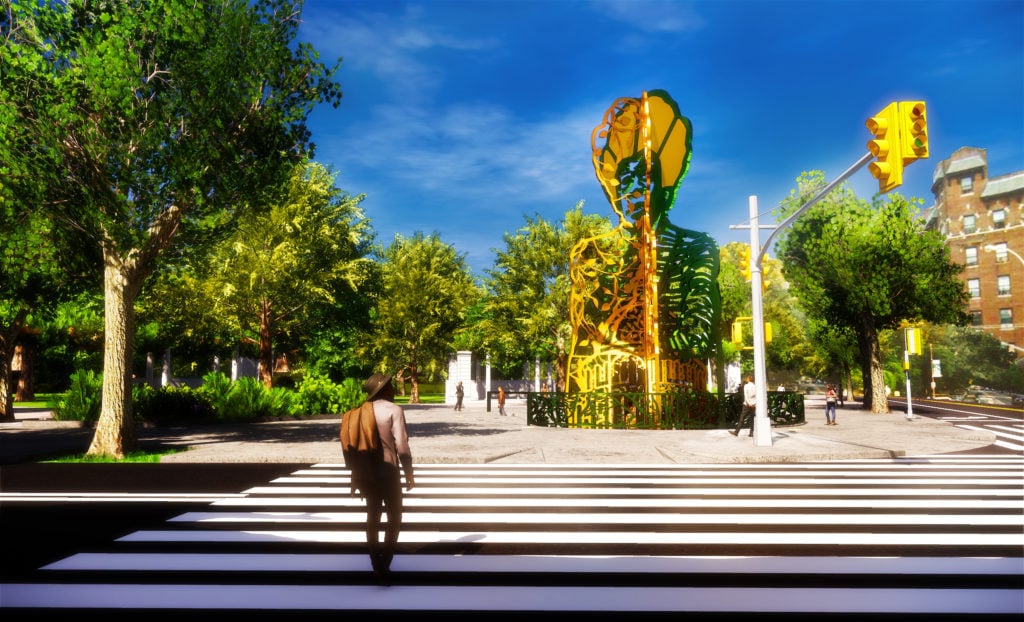 Amanda Williams & Olalekan Jeyifous, <em>Our Destiny, Our Democracy</em>, the winning design for the Shirley Chisholm monument in Prospect Park. Rendering courtesy of She Built NYC