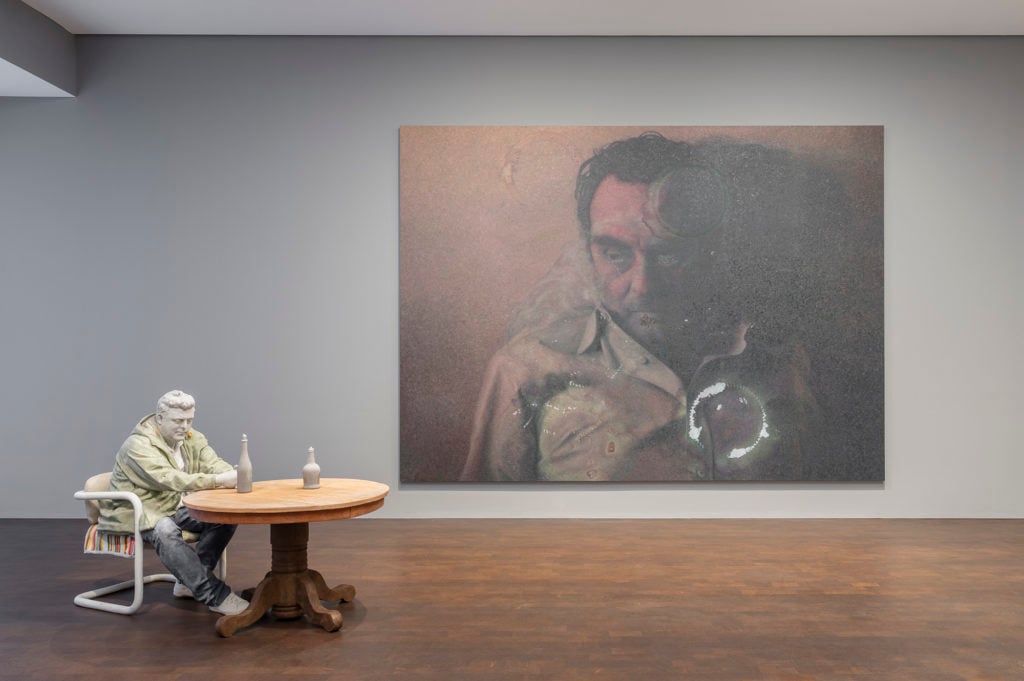 "Visions of Self: Rembrandt and Now," Installation view, 2019. From left to right: © Urs Fischer, © Rudolf Stingel. Photo by Lucy Dawkins, courtesy Gagosian.