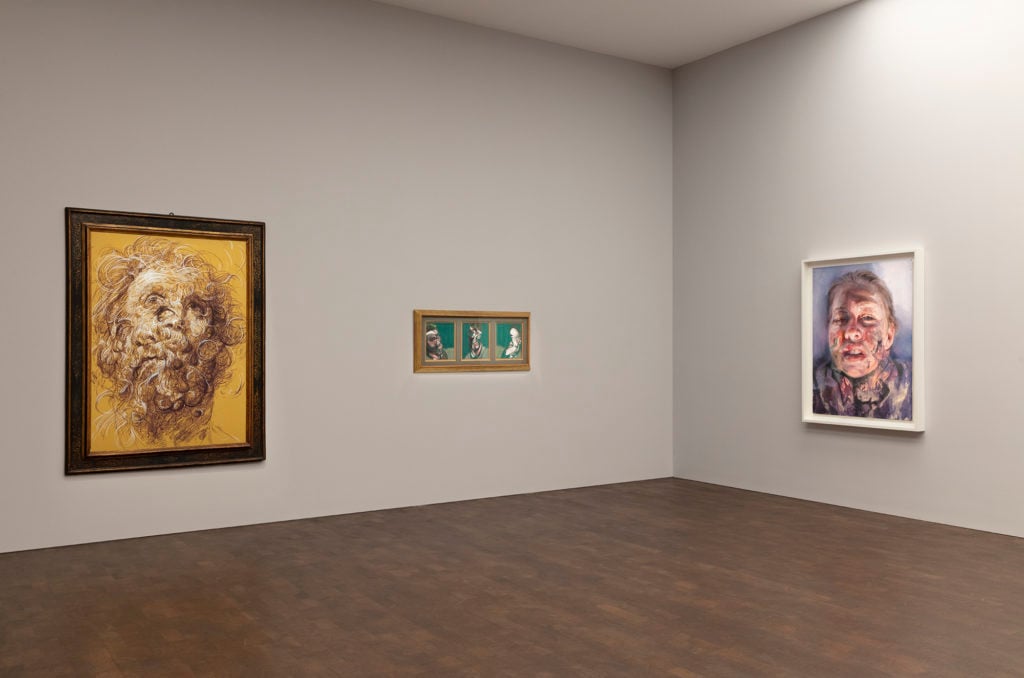 "Visions of Self: Rembrandt and Now," Installation view, 2019. From left to right: © Glenn Brown, © The Estate of Francis Bacon. All rights reserved. DACS 2019, © Jenny Saville. Photo by Lucy Dawkins, courtesy Gagosian.
