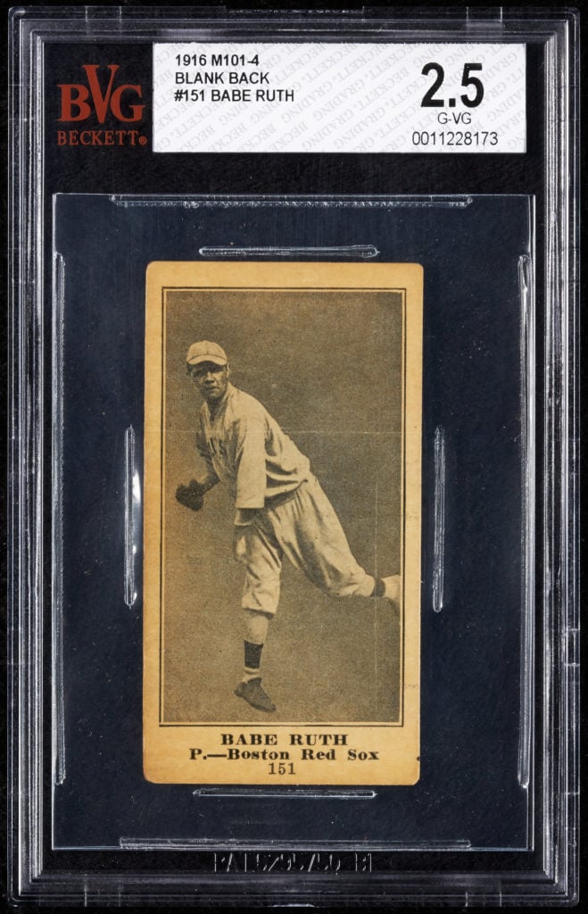 This 1916 M101-4 Babe Ruth Rookie Card was found stashed in a player piano and could now fetch upwards of $100,000 at auction. Photo courtesy of Goodwin Auctions.