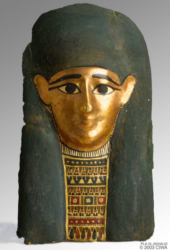 Gilded Cartonnage Mummy Mask. Egyptian. Late Ptolemaic Period, 197-30 BC. Linen, gesso, pigment, gold. Gift of the Georges Ricard Foundation. 