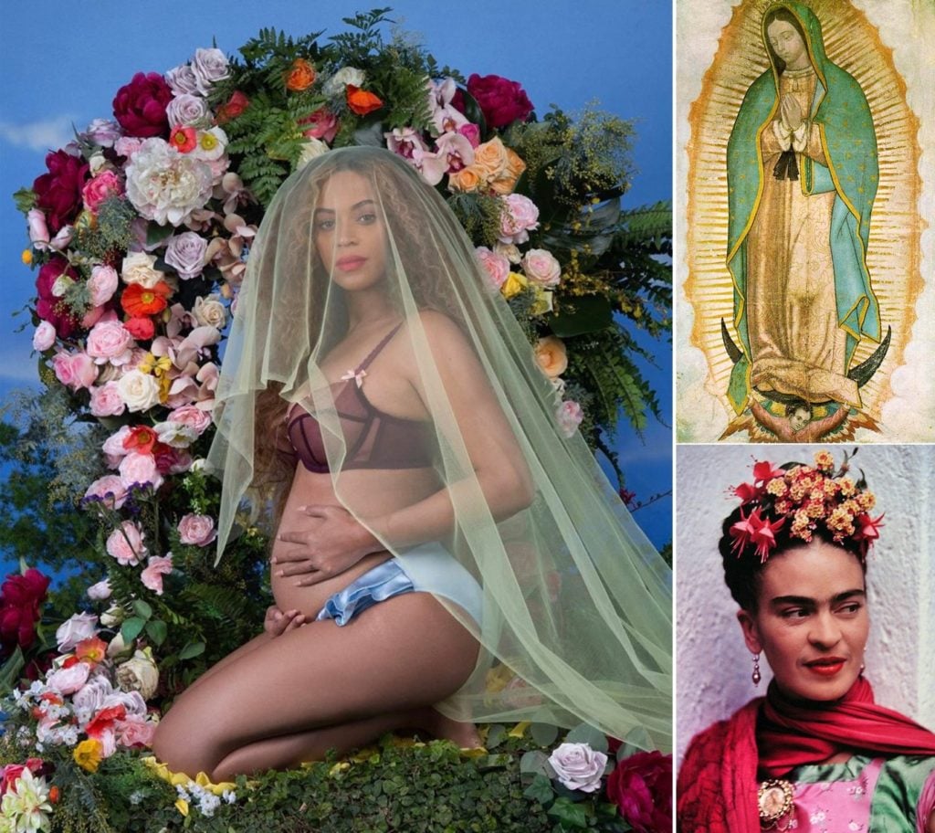 Awol Erikzu's photograph of Beyonce; <i>Our Lady of Guadaloupe</I>; Frida Kahlo photographed by Nickolas Muray. 
