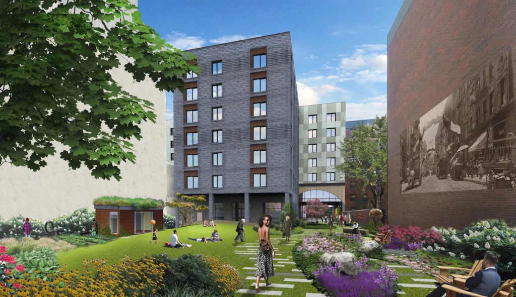 Rendering of Haven Green, affordable housing for seniors set to be built on the site of the Elizabeth Street Garden. Image courtesy of Curtis + Ginsberg Architects.