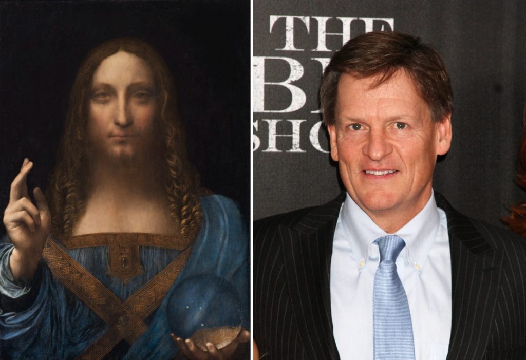 Left: <em>Salvator Mundi</em>' right: Author Michael Lewis attends the New York premiere of <i>The Big Short</i>, the film adaptation of his best-selling book about the 2008 financial crisis. (Photo by Laura Cavanaugh/FilmMagic. Courtesy of Getty Images.)
