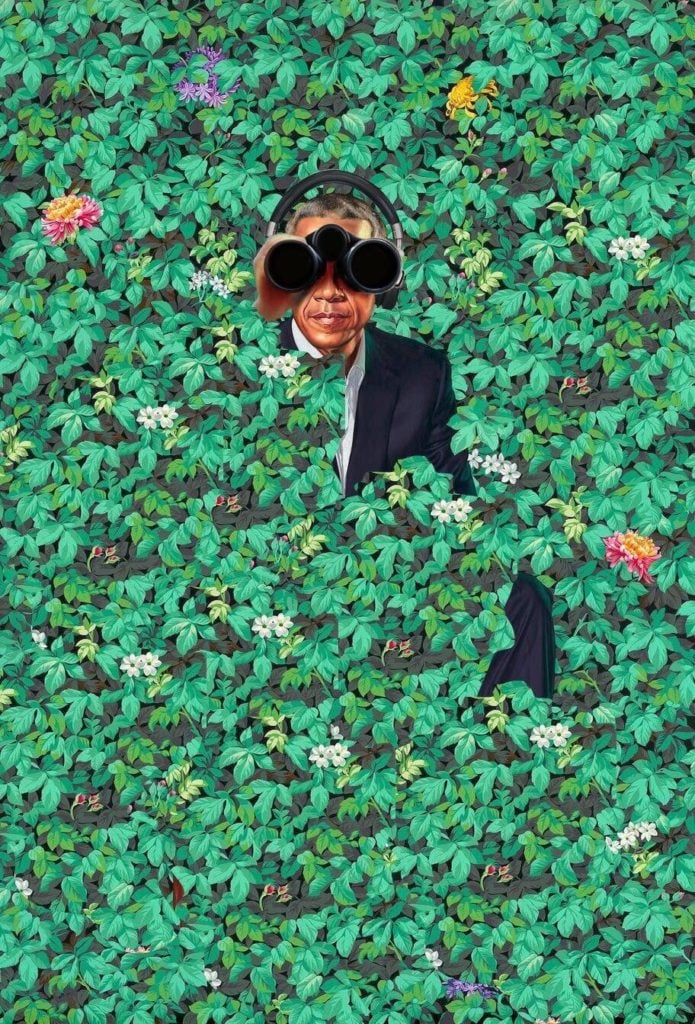 A paranoid riff on Kehinde Wiley’s official portrait of President Barack Obama has been appropriated for a new t-shirt to raise funds for Donald Trump.
