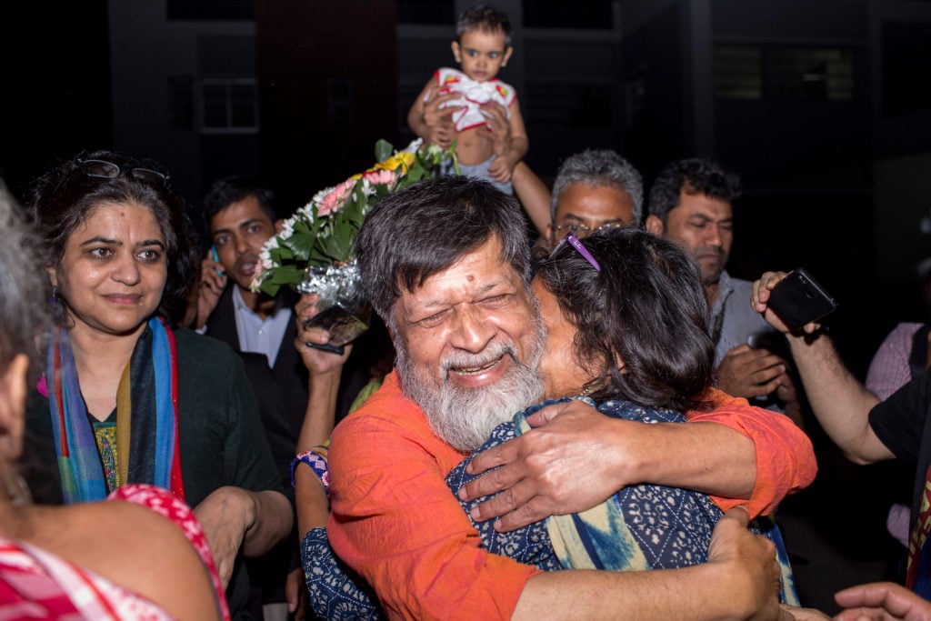 Bangladeshi photographer and activist Shahidul Alam reacts as he is released from Dhaka Central Jail, Keraniganj, near Dhaka, on November 20, 2018, after he was granted bail by the high court a few days prior. Photo by Suman Paul/AFP/Gerry Images.
