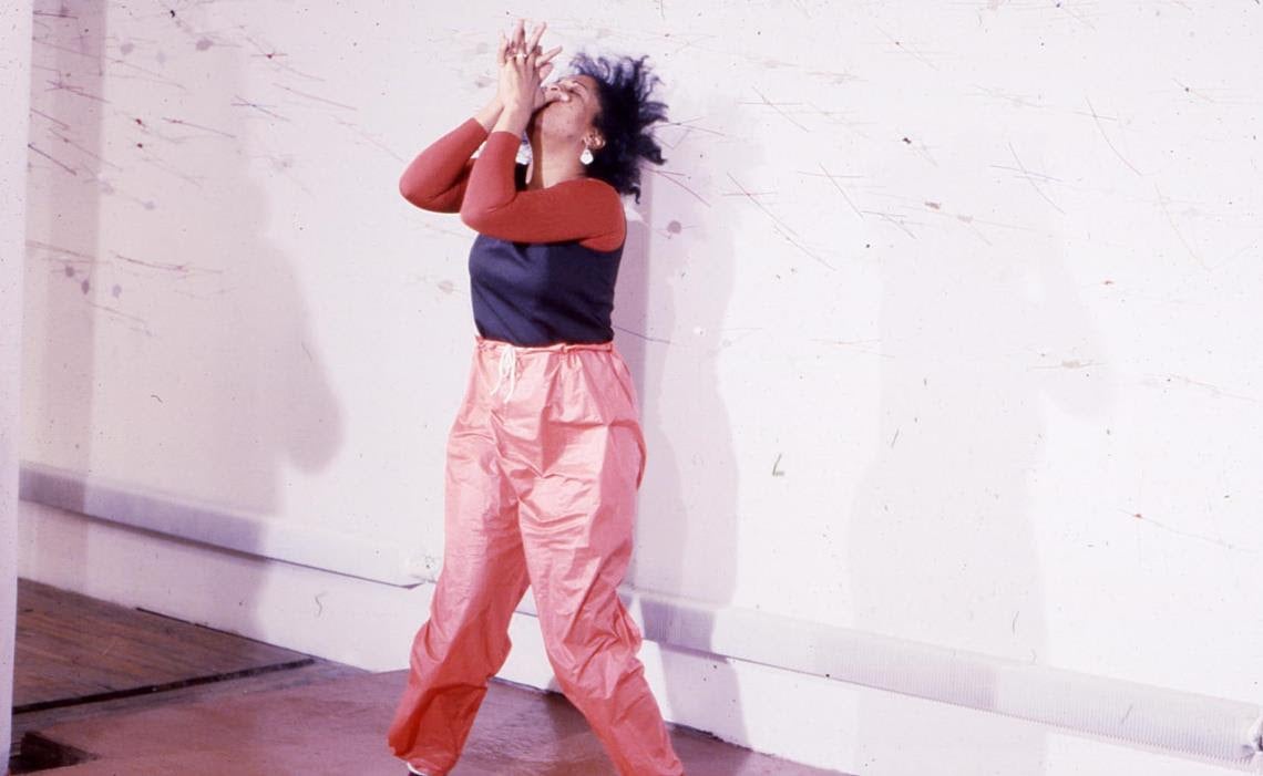 Senga Nengudi performing "Air Propo" at JAM, 1981. Courtesy Senga Nengudi and Lévy Gorvy.