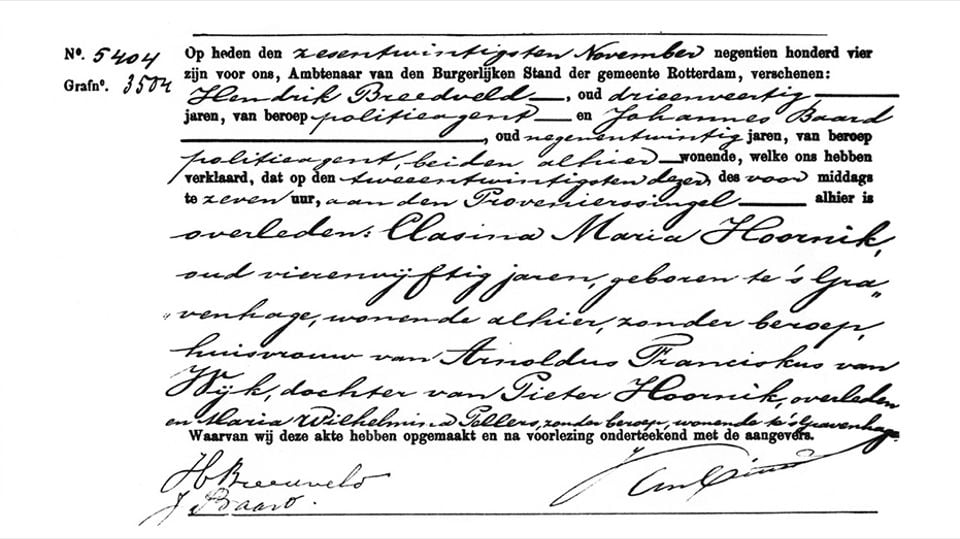 The death certificate for van Gogh's one-time girlfriend, Clasina (Sien) Maria Hoornik (November, 22 1904). © Collectie Staadsarchief Rotterdam.
