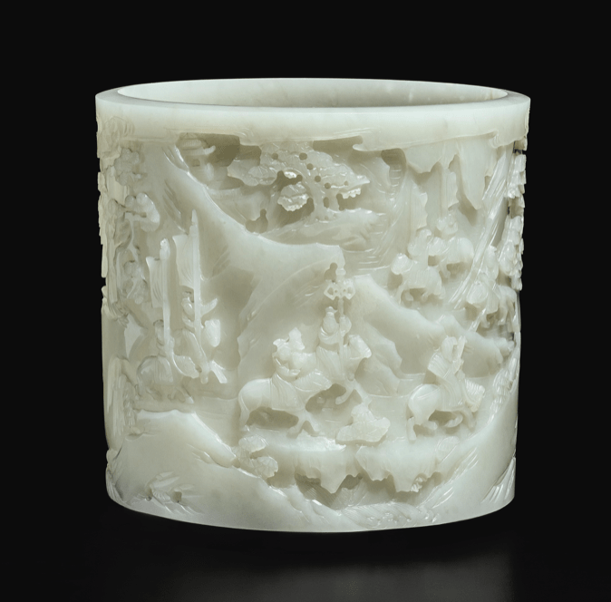 Samuel M. Nickerson and Matilda Nickerson donated this white jade "Imperial Procession" brushpot from the Qing dynasty to the Art Institute of Chicago in 1900. At Sotheby's New York, it sold for $2.1 million on high estimate of just $1.2 million during Asia Week 2019. Photo courtesy of Sotheby's New York. 