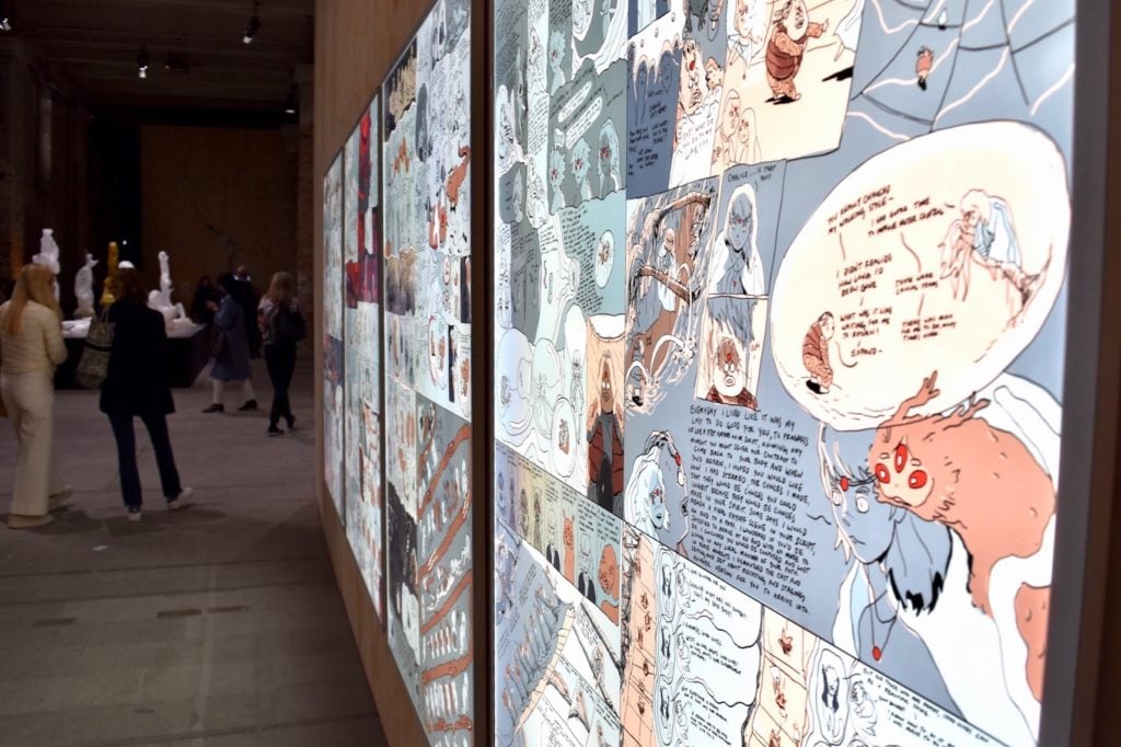 Installation view of Ian Cheng's comic-based work <em>Life After BOB: First Tract</em> (2019). Image courtesy Ben Davis.