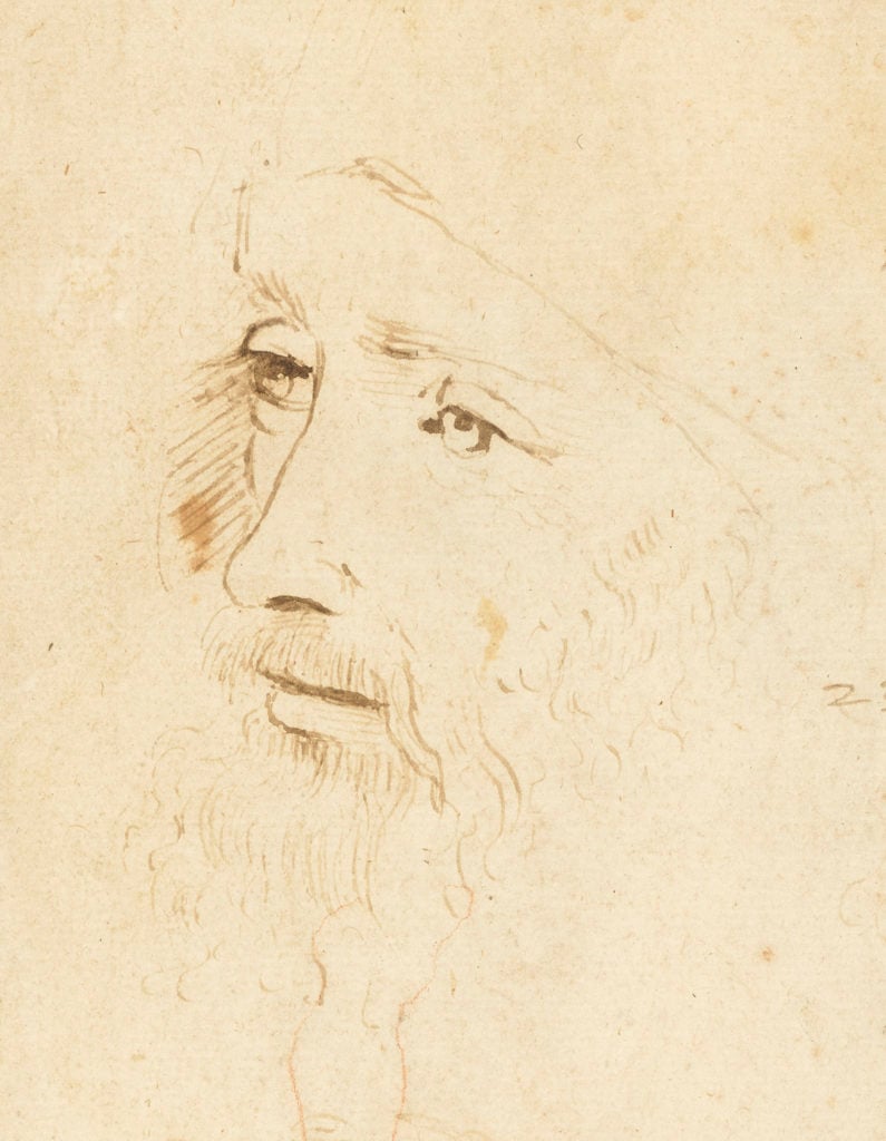 A sketch of Leonardo da Vinci, around 1517–18, by an assistant of Leonardo. Royal Collection Trust / © Her Majesty Queen Elizabeth II 2019.