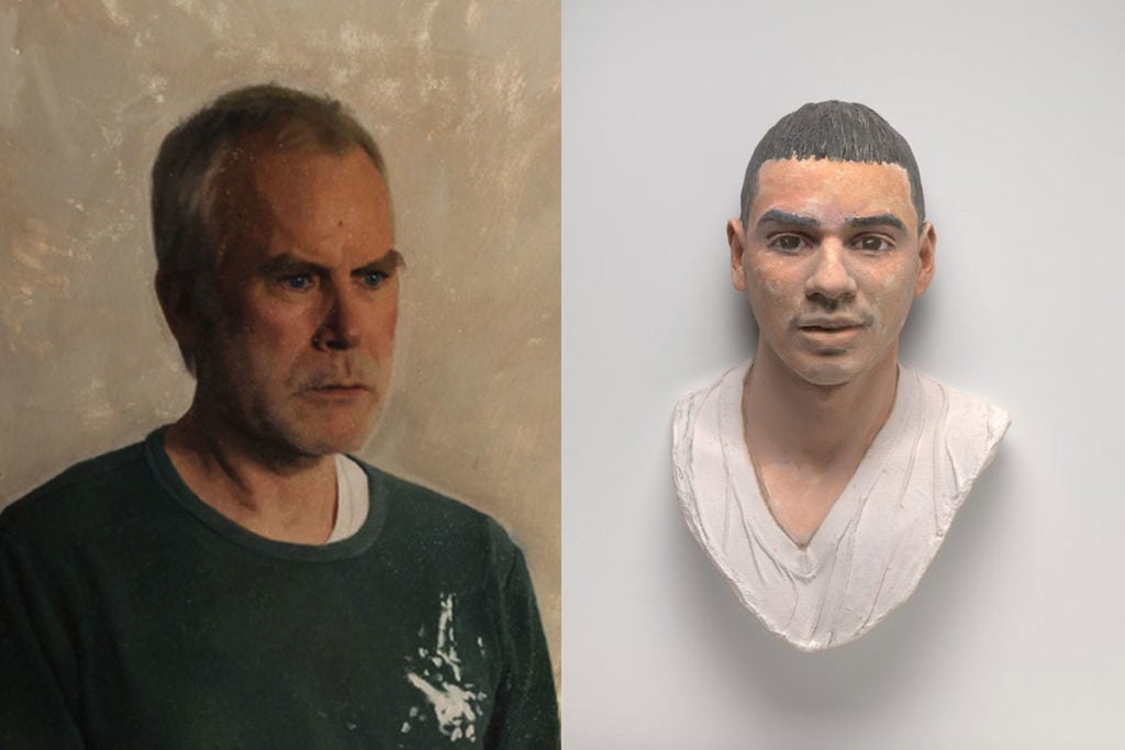 Left: Detail of Devon Rodriguez's painting John Ahearn (2017). Right: Detail of John Ahearn's sculpture The Rodriguez Twins (2014).
