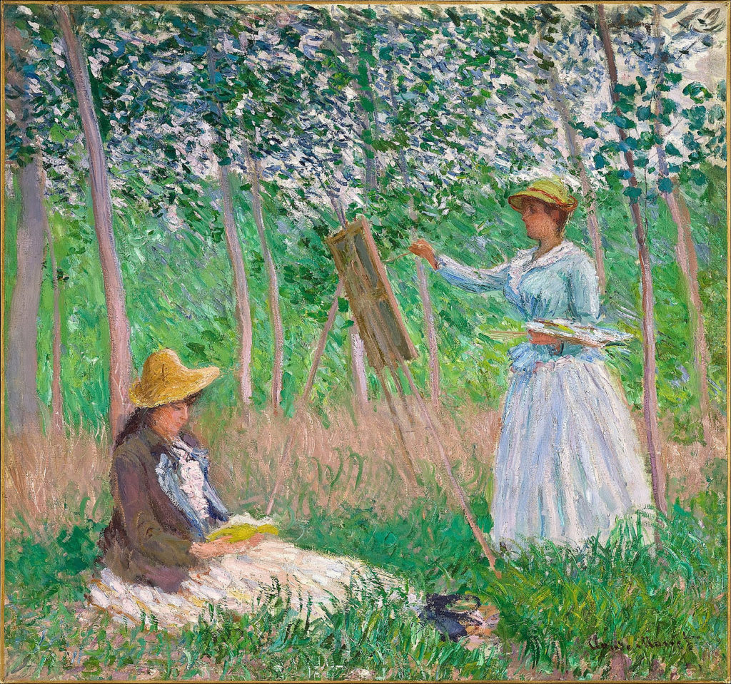 Claude Monet, <em>In the Woods at Giverny- Blanche Hoschedé at Her Easel with Suzanne Hoschedé Reading</em> (1887). Courtesy of the Los Angeles County Museum of Art.