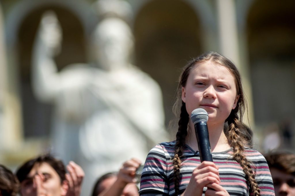 Swedish climate activist Greta Thunberg makes a speech in Rome in April 2019. Photo Antonio Masiello/Getty Images.