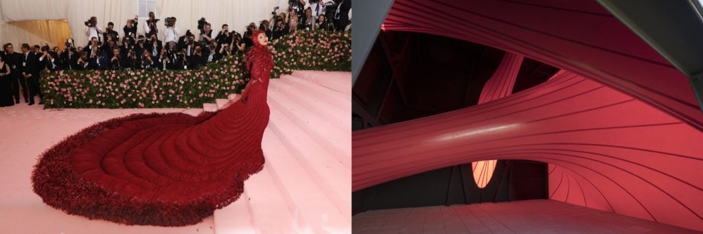 Cardi B. at the Met. (Photo by Taylor Hill/FilmMagic); Right, Anish Kapoor's <i>Past, Present, Future</i> (2006). Courtesy of the artist and Lisson Gallery. 