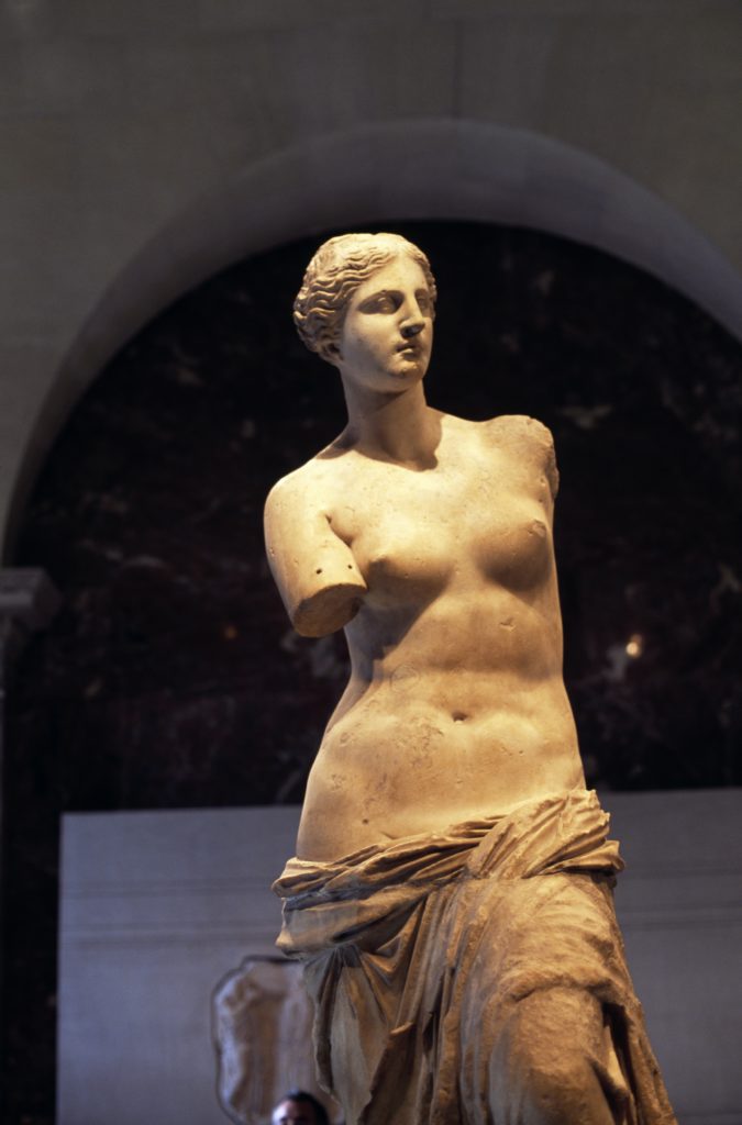 Venus de Milo, 130 BC, by Alexandros of Antioch, marble sculpture found in Milos, Greece. Greek civilization, 2nd century BC. Detail. Paris, Musée Du Louvre (Photo by DeAgostini/Getty Images).