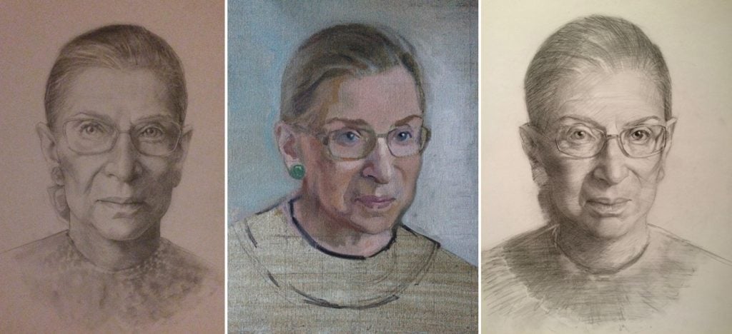Examples of many prepartory sketches of Ginsburg, courtesy of Constance Beaty. © Constance P. Beaty.
