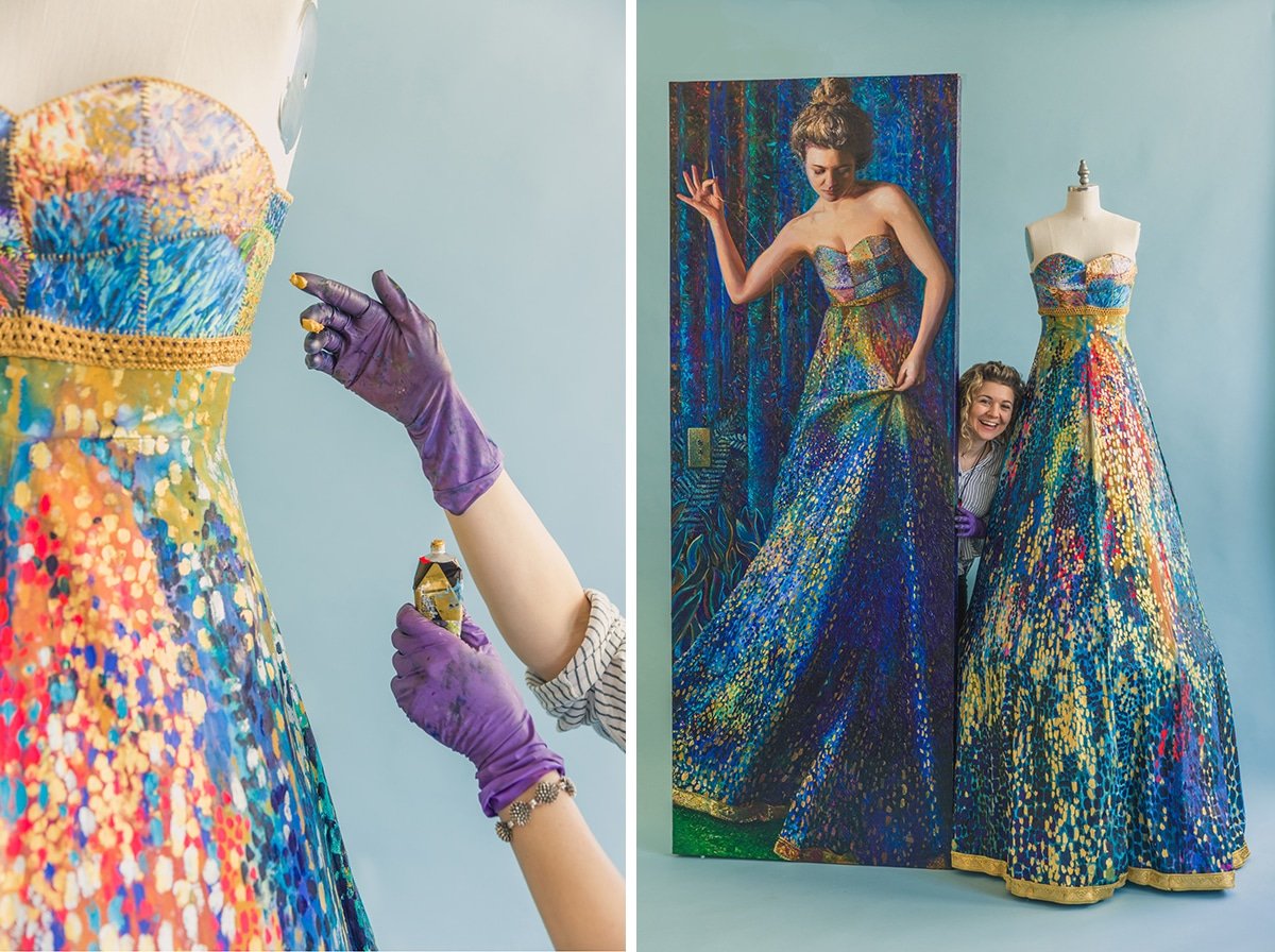 Iris Scott finger painting a dress and with her the finished garment and the painting <em>I of the Needle (Self Portrait)</em>. Photos by Erik Nuenighoff.