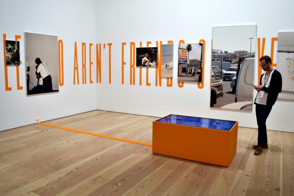 Installation view of works by Martine Syms, including [at center]Intro to Threat Modeling (2017). Image courtesy Ben Davis.