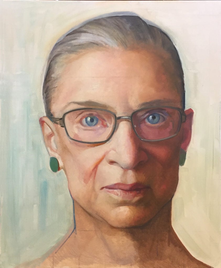 Constance P. Beaty (American). Large Oil Sketch: Associate Justice Ruth Bader Ginsburg, c. 2015-16. Oil on linen, 42 x 34 x 1 1/2 in. (106.7 x 86.4 x 3.8 cm). Brooklyn Museum, Gift of Justice Ruth Bader Ginsburg, 2019.2. © Constance P. Beaty (Photo courtesy Constance P. Beaty)