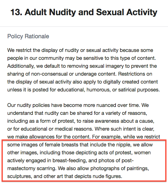 Screen shot of Facebook's guidelines regarding nudity. Courtesy of Facebook.