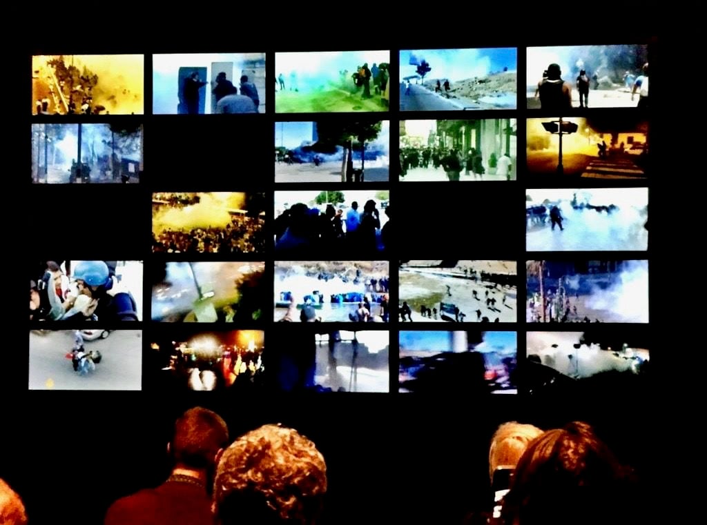Forensic Architecture's video project <em>Triple-Chaser</em> at the Whitney Biennial. Photo by Eileen Kinsella