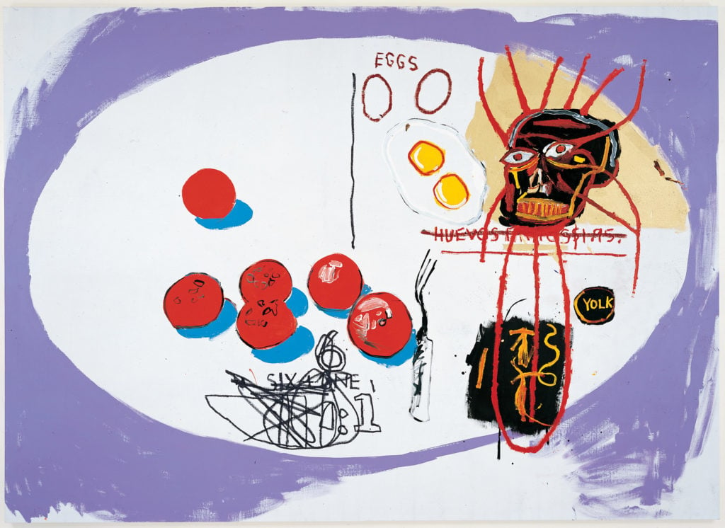 Jean-Michel Basquiat and Andy Warhol, <em>Eggs</em> (1985). ©2019 The Andy Warhol Foundation for the Visual Arts, Inc./the Estate of Jean-Michel Basquiat/licensed by Artists Rights Society (ARS), New York/ADAGP, Paris.