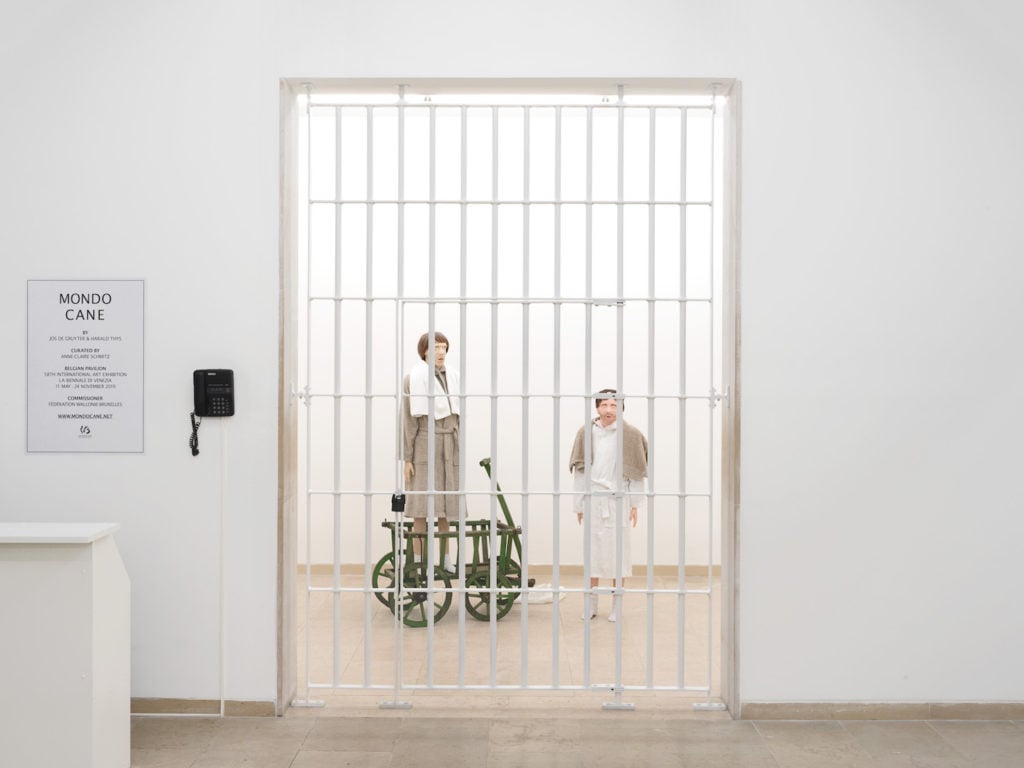 The characters "Flap" and "Flop" in de Gruyter and Thys's exhibition, "Mondo Cane," in the Belgian Pavilion at the Venice Biennale. Courtesy and copyright of the artists and the Belgian Pavilion. Image: Nick Ash.