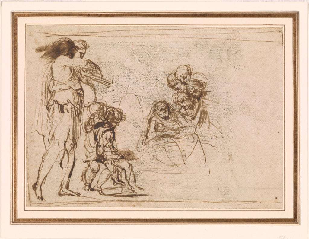 Annibale Carracci, <i>Shepherd with Pipes, and Two Dancing Children; Virgin and Child with Heads of Four Spectators</i>. Pen and brown ink on paper.