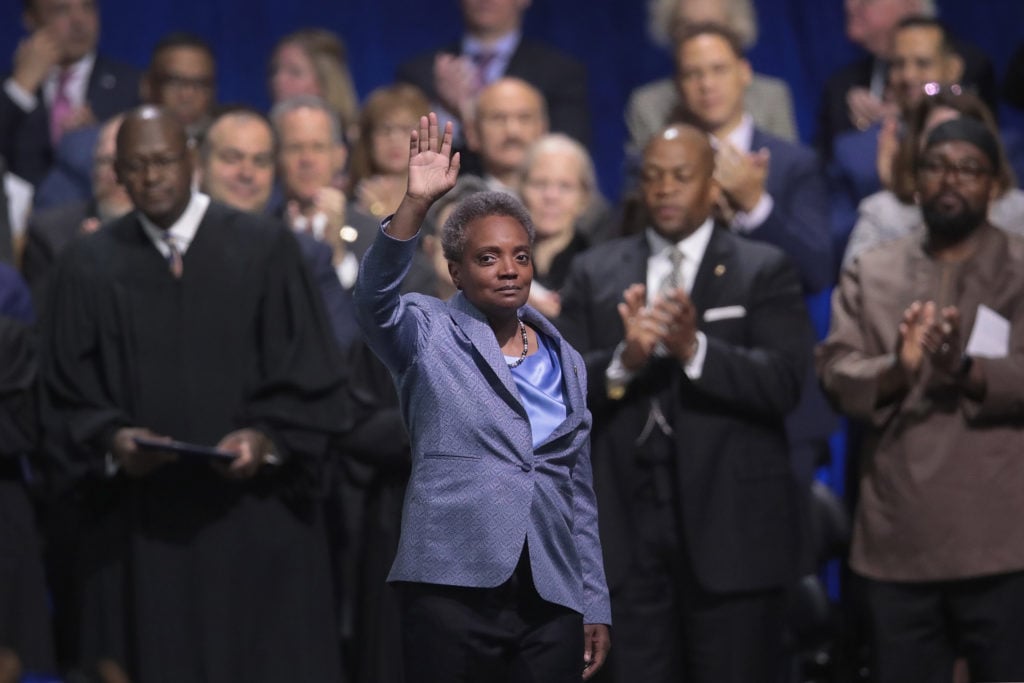 Lori Lightfoot waves to the crowd after being sworn in as Mayor of Chicago on May 20, 2019. Photo by Scott Olson/Getty Images.