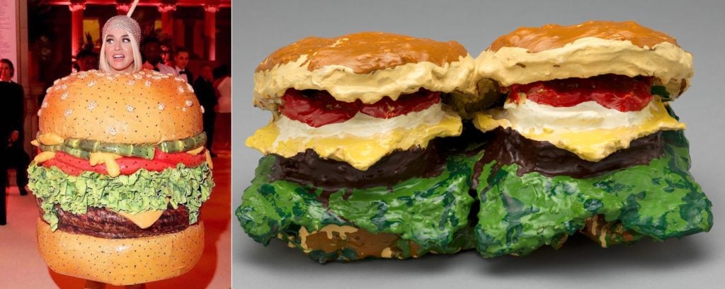 Left, Katy Perry at the Met. Photo: (Photo by Kevin Tachman/MG19/Getty Images for The Met Museum/Vogue; Right, Claes Oldenburg <i>Two Cheeseburgers, with Everything (Dual Hamburgers)</i> (1962). Courtesy of MoMA. 