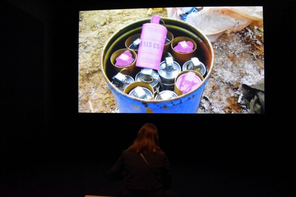 Forensic Architecture's video project <i>Triple Chaser</i> at the Whitney Biennial. Photo by Eileen Kinsella