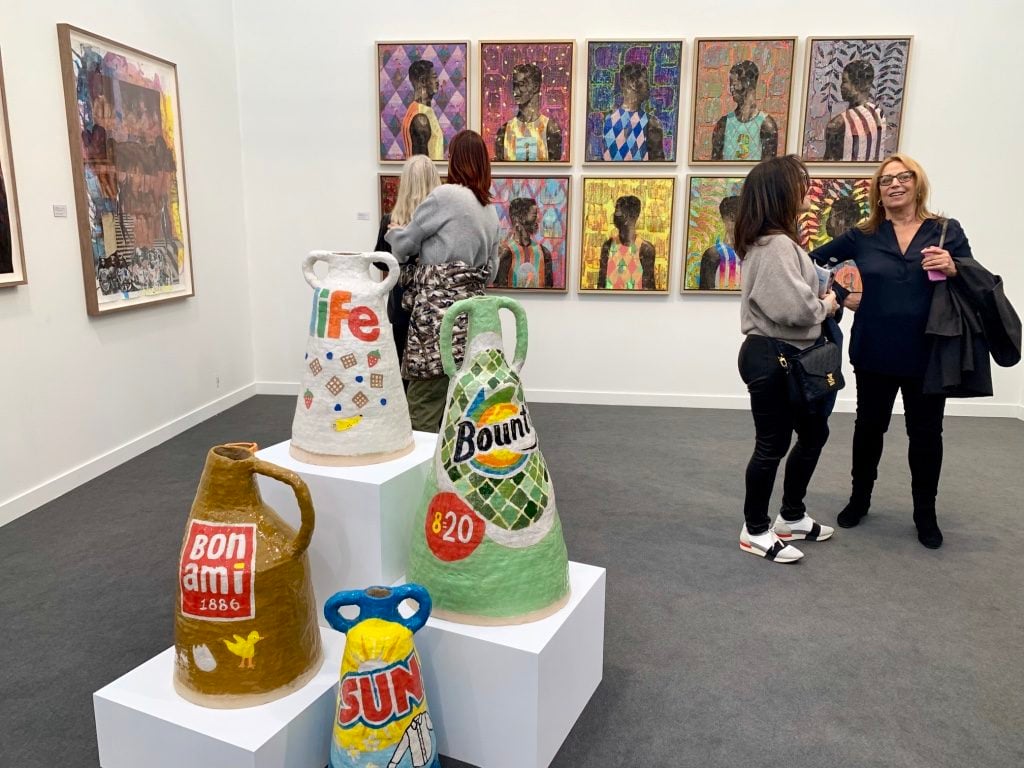 Work by Kandis Williams, Grant Levy-Lucero, and Derek Fordjour from Night Gallery at Frieze New York 2019. Photo by Sarah Cascone.
