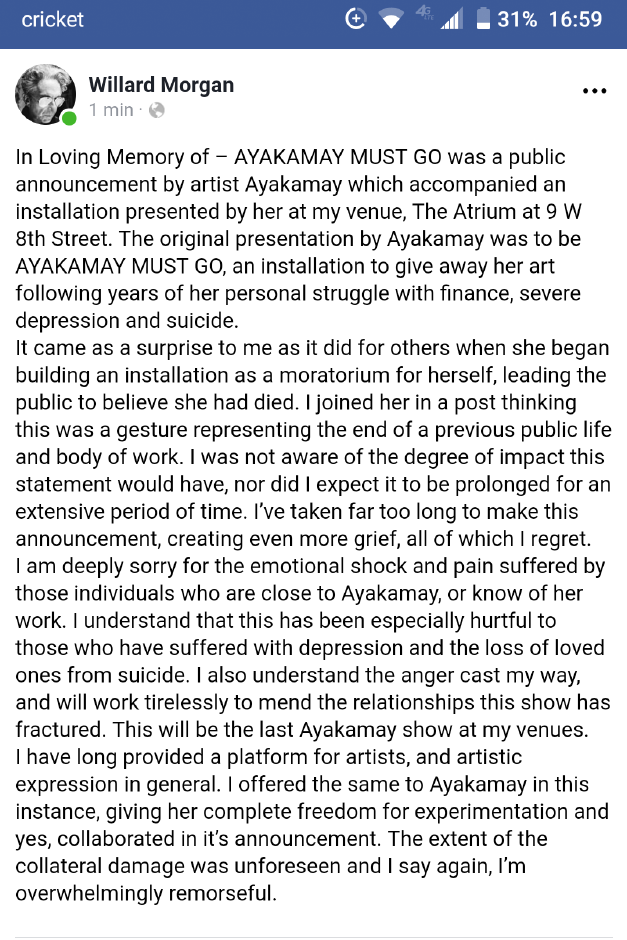 A statement by Willard Morgan made on Facebook implying that Ayakamay had not died.