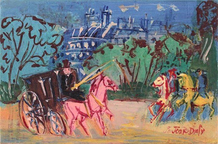 Jean Dufy, Calèche et cavaliers (ca. 1950). Courtesy Galerie Jacques Bailly. 