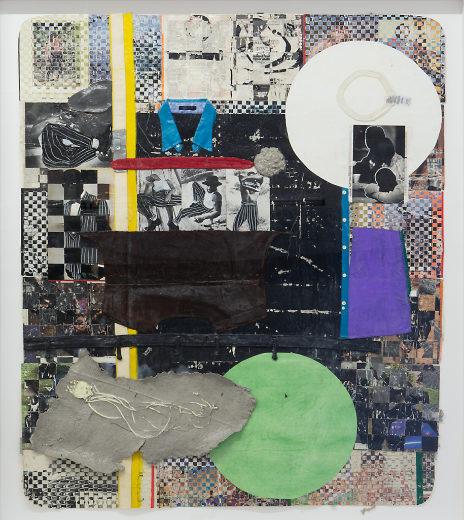 Troy Michie, Los Atravesados/ The Skin Of The Earth Is Seamless, 2019. Found photograph, cut paper, tape, Cellu-clay, canvas, cut clothing, belt, ink, graphite, China marker, and acrylic on woven magazine pages, 61.5 × 51.5 in. (156.2 × 130.8 cm). Image courtesy the artist and COMPANY, New York