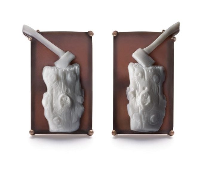 <em>Munch's Logs</em> cufflinks by Catherine Opie for the new LIZWORK Cameo line. Photo courtesy of LIZWORKS.