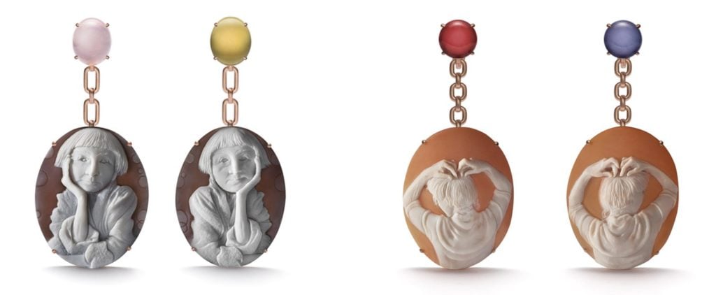 <em>Pensive</em> earrings by Cindy Sherman and <em>Mary</em> earrings by Catherine Opie for the new LIZWORK Cameo line. Photo courtesy of LIZWORKS.