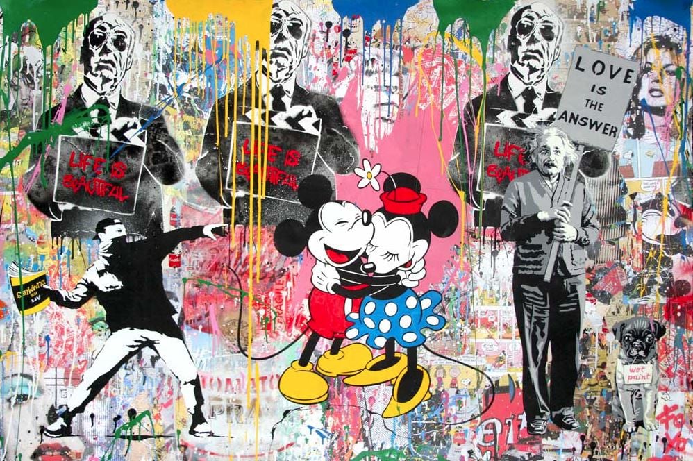 Mr. Brainwash, Einstein, Thrower and Mickey & Minnie (2018). Courtesy of Galerie de Bellefeuille.