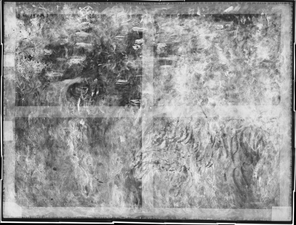 The X-ray of Claude Monet's Wisteria painting shows a hidden version of his Water Lily series. Image courtesy Gemeentemuseum.