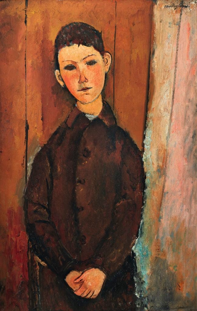 Amedeo Modigliani, Jeune homme assis, les mains croisees sur les genoux (1918). Image courtesy of Sotheby's.