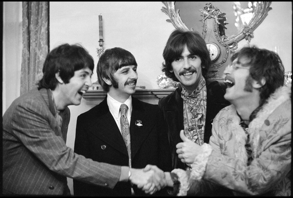 The Beatles at Brian Epstein’s home in Belgravia at the launch of Sgt. Pepper’s Lonely Hearts Club Band, London, 1967. Photo: Linda McCartney. © Paul McCartney.