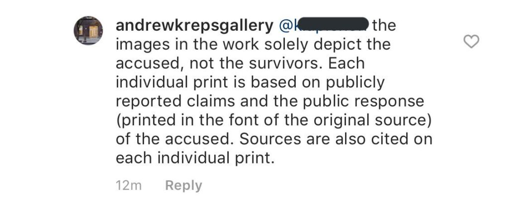 An initial response from Andrew Kreps Gallery to the controversy over the inclusion of a sexual assault survivor's personal photographs in Andrea Bowers's #MeToo-themed artwork <em>Open Secrets</em>.